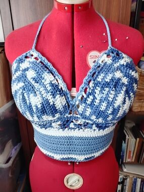 Handmade Blue and White Crochet Halter Crop Top